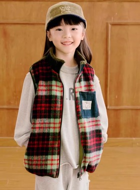 ARF原创 25秋冬新款男女童韩版日系保暖毛呢拼接摇粒绒双面穿马甲