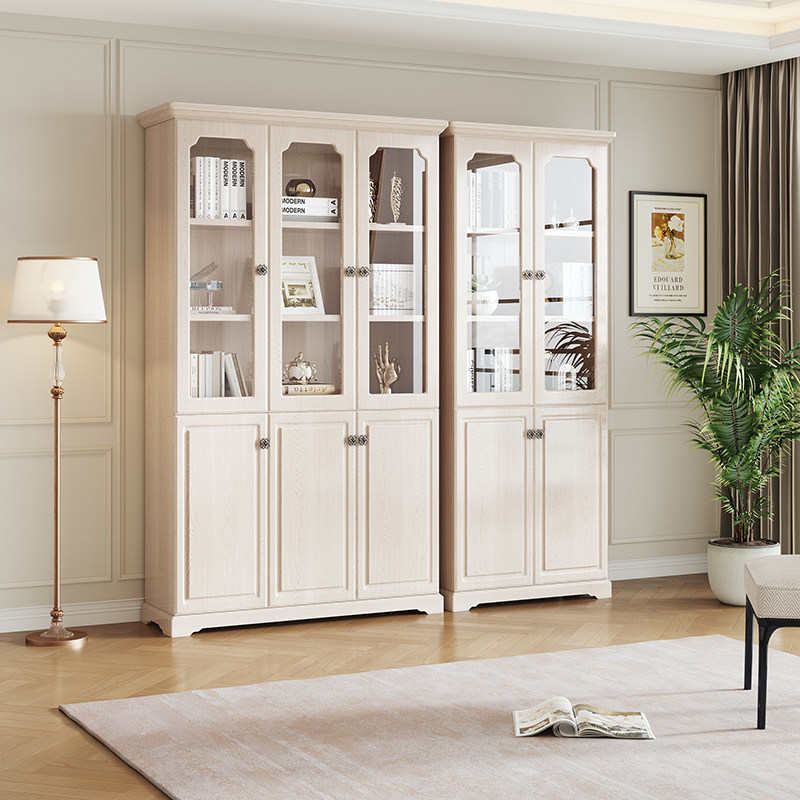 全友家居美式带玻璃门书柜储物柜一体置物书架家用书房落地书橱