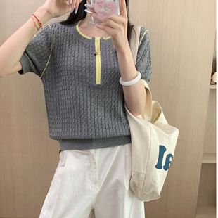 XINNIAO女士精品T恤亨利领撞色绞花上衣女夏针织短袖