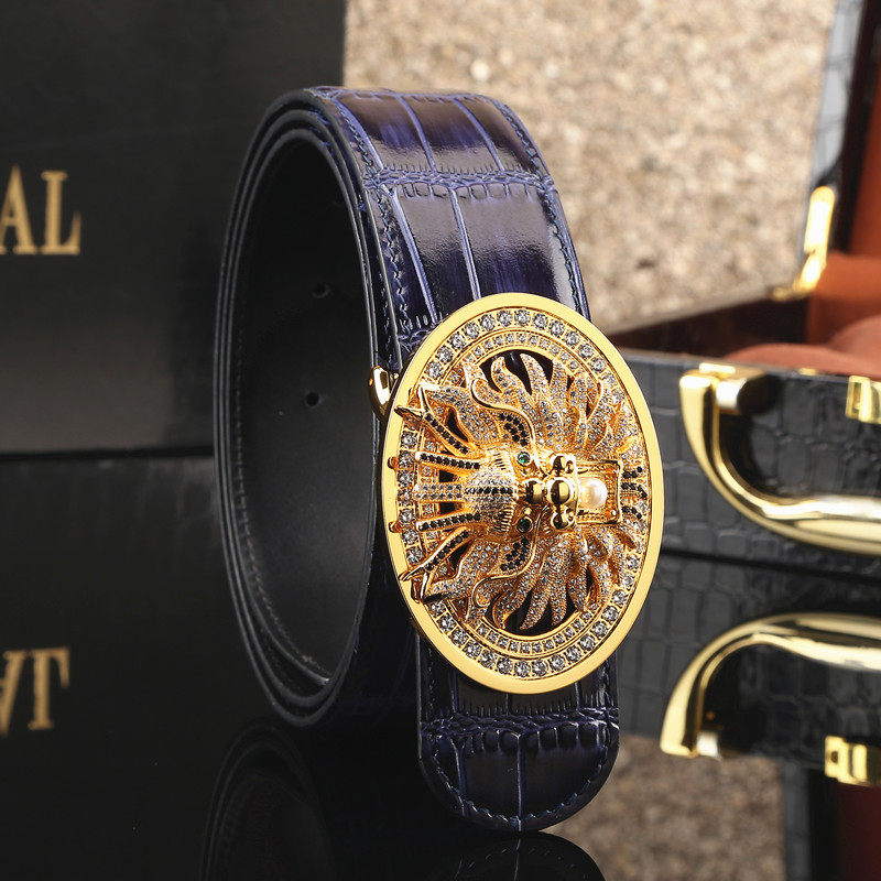 霸气龙珠扣蓝色牛皮鳄鱼纹皮带不锈钢龙头镶钻青年男士真皮腰带