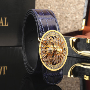霸气龙珠扣蓝色牛皮鳄鱼纹皮带不锈钢龙头镶钻青年男士 真皮腰带