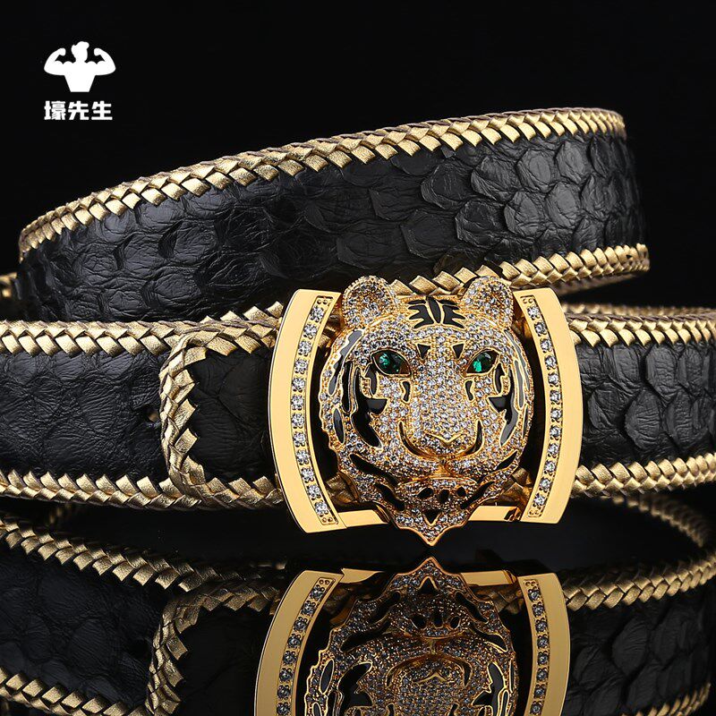 黑色金边蟒蛇皮皮带老虎扣头真皮腰带镶钻豹头牛皮编织青年裤带男