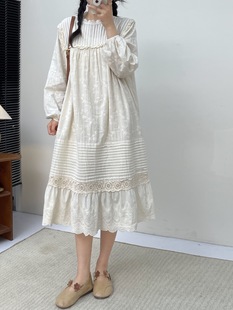 日韩森女系甜美减龄风琴褶重工刺绣棉布长袖连衣裙仙气公主裙子女