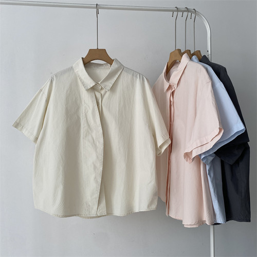 日系设计感做旧POLI领短袖衬衫女夏新款棉质翻领宽松衬衣短款上衣