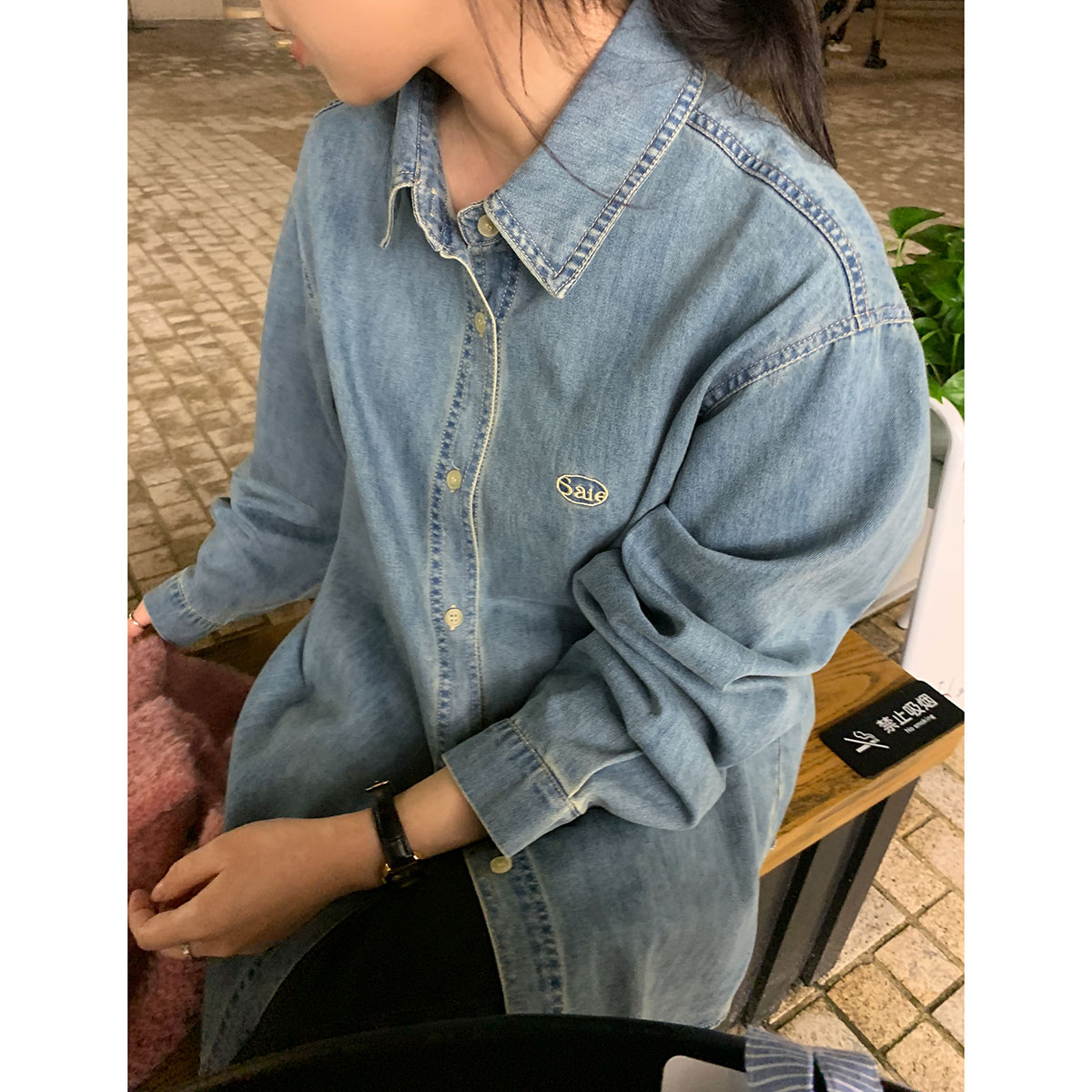 三木社 美式复古百搭秋冬打底牛仔衬衫女刺绣长袖牛仔衣长袖衬衣