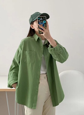 日潮工装风全棉长袖衬衫女设计感显瘦小众休闲宽松绿色外套ins潮