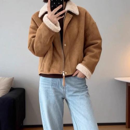 12.1BHUAI新品 羊羔绒麂皮绒短外套翻领小个子仿皮毛一体外套
