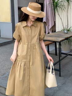 衬衫连衣裙女夏季2025新款小个子气质宽松遮肚子不规则卡其色裙子
