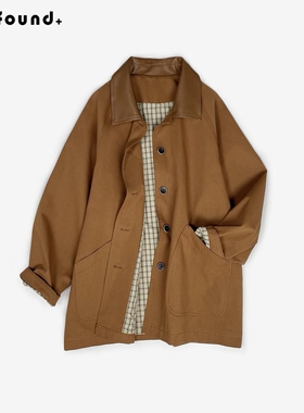 25WT13 F+2025春秋 复古美拉德拼接皮翻领插肩袖风衣外套女中长款