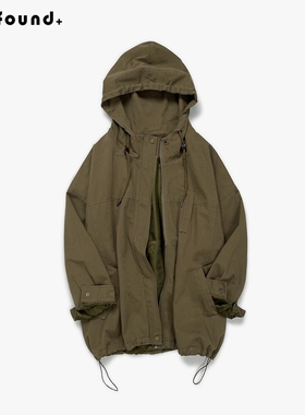 23WT59 Found+春秋新款 派克风连帽外套女中长款风衣卡其色工装风