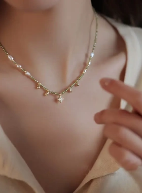 巴异形淡水珍珠绿色锆石串珠项链轻奢小众锁骨链星星水滴颈链手工