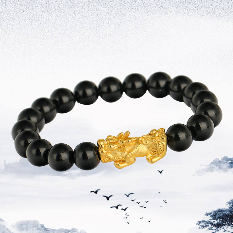 貔貅手链女士黑曜石简约沙金手串招财纳福皮丘转运仿黄金久不掉色