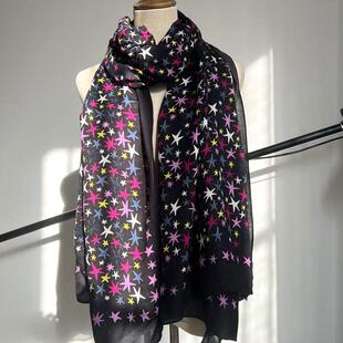 美单原尾100%人棉星星印花秋冬春季80*200厘米长围巾薄款大披肩女