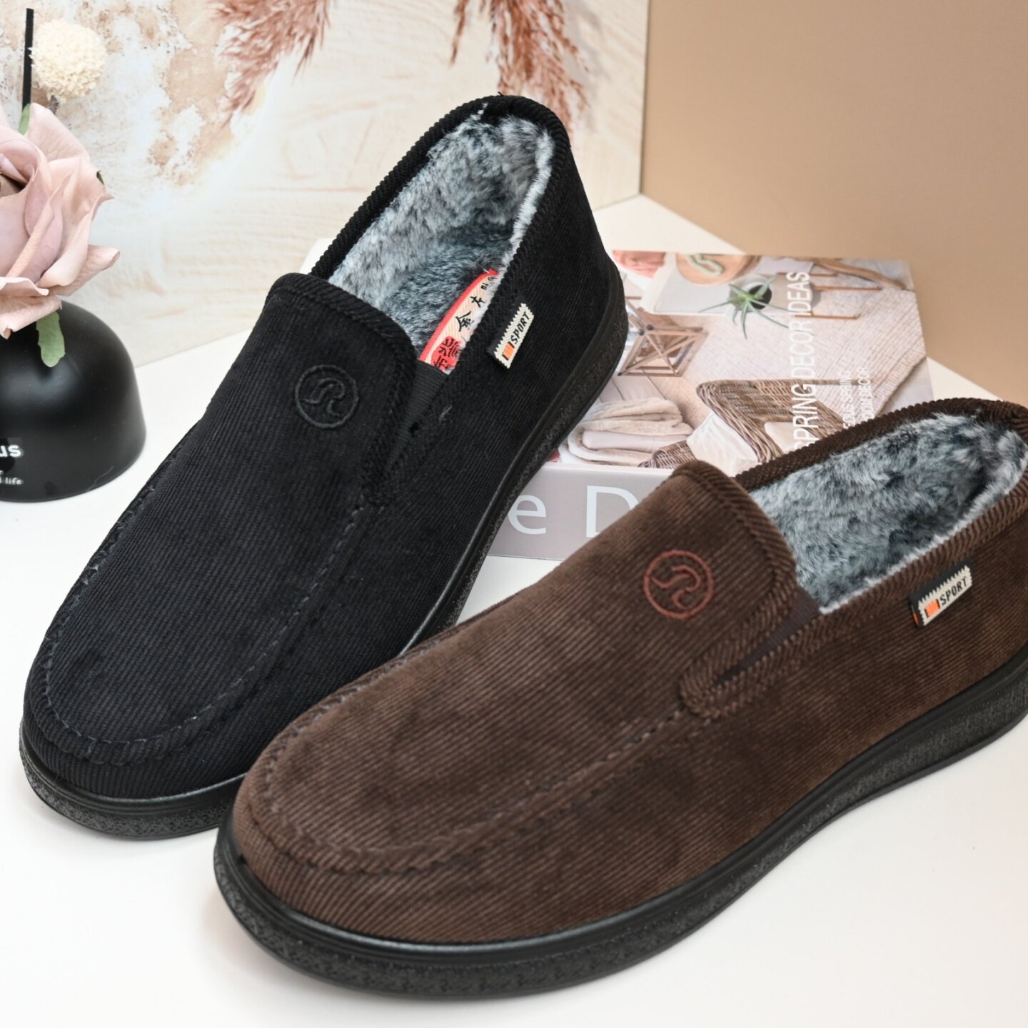 冬季老北京一脚蹬男棉鞋加绒保暖中老年爸爸条绒鞋轻便软底二棉鞋