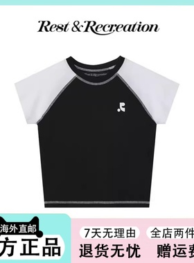 韩国正品restandrecreation拼色插肩袖rr修身短款短袖T恤上衣女