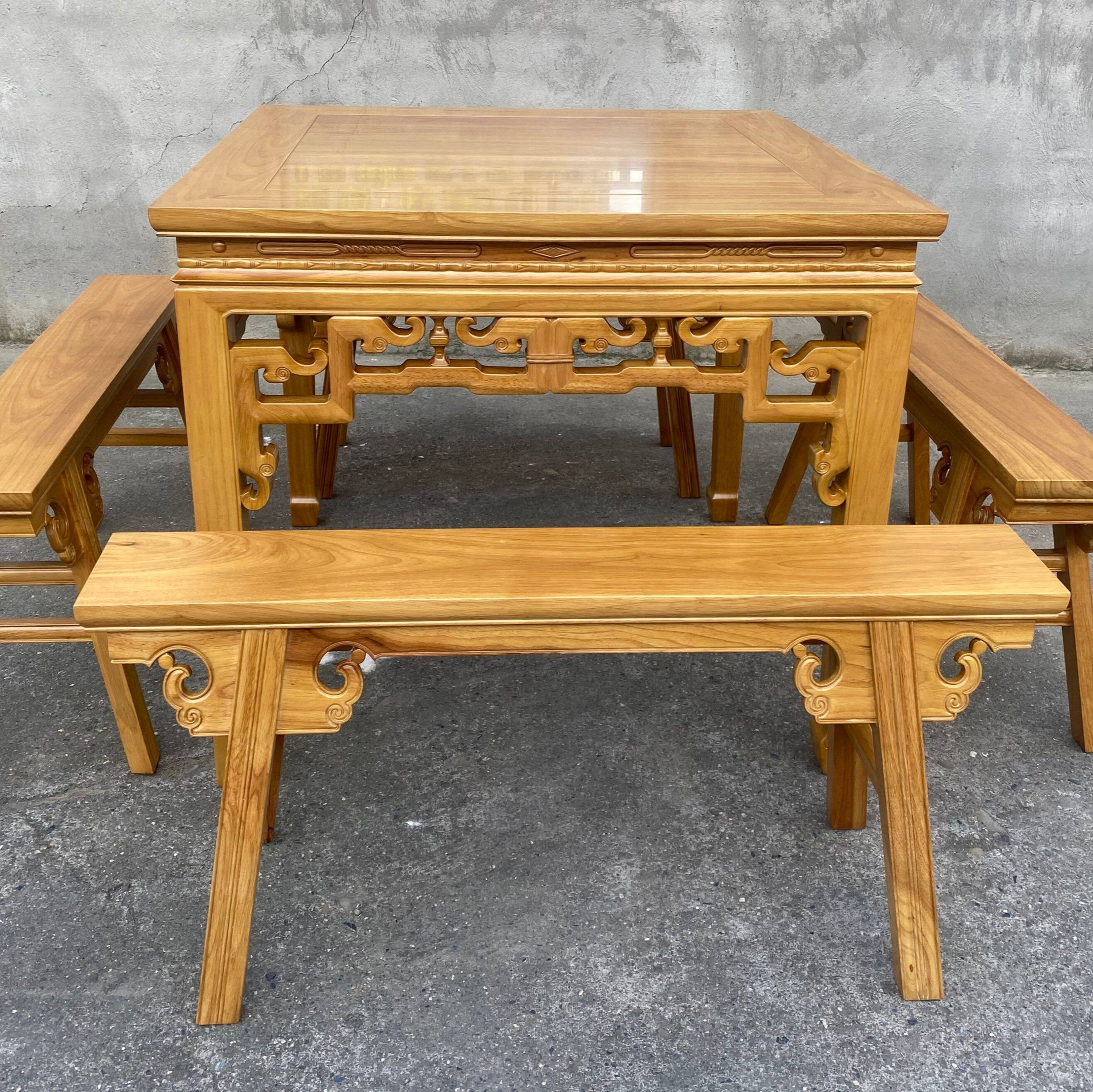 徽派实木餐桌组合中式古典象鼻八仙桌长板凳正方形饭桌家用方桌子