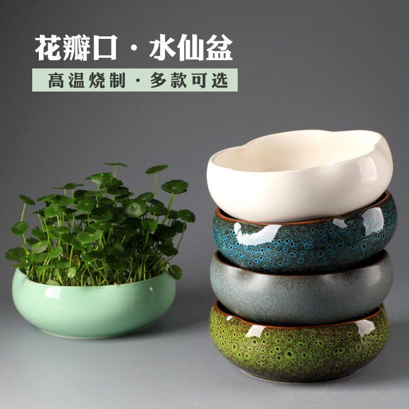 水培花盆一叶莲铜钱草金钱水仙创意绿萝无孔陶瓷大号碗莲睡莲批发