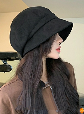 日系素颜渔夫帽女秋冬显脸小麂皮绒堆堆帽复古黑色八角贝雷帽百搭