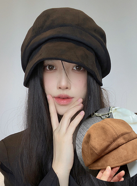 美拉德风宽檐黑色渔夫帽女春秋冬百搭休闲贝雷帽显脸小棕色堆堆帽