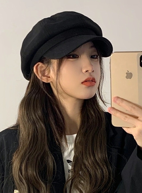 黑色毛呢八角帽女春秋季显脸小日系复古百搭报童帽休闲鸭舌贝雷帽