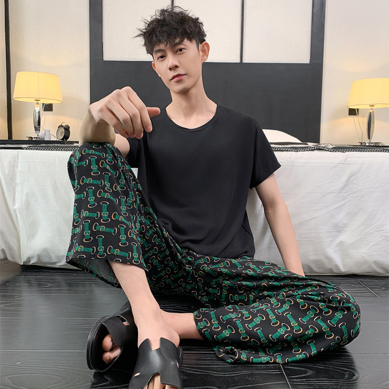 夏季棉绸睡衣男套头夏天短袖长裤两件套宽松休闲家居服绵绸可外穿