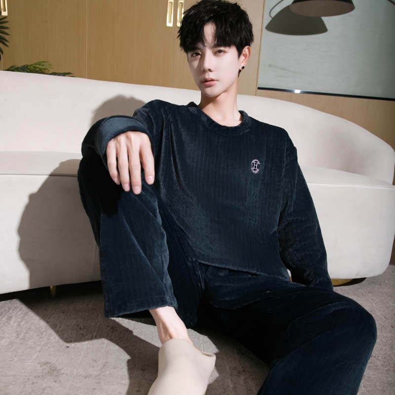 男士睡衣珊瑚绒新款时尚韩版外穿青年爸爸睡衣法兰绒男款睡衣