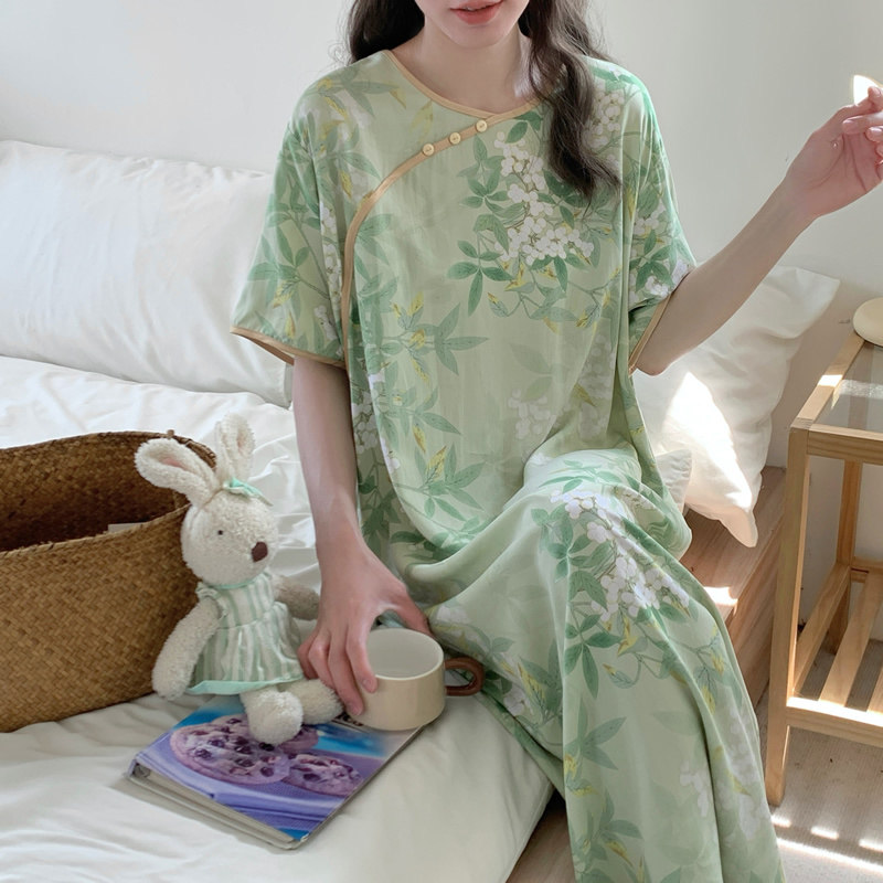 夏装印花绵绸睡裙条纹女夏加大码睡衣宽松胖mm中长款国风棉绸裙薄