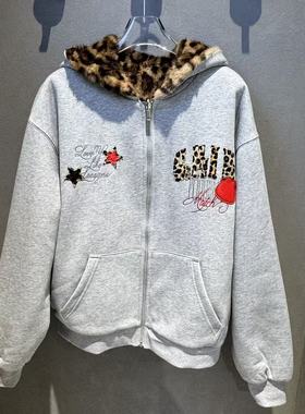 Fun潮牌25冬款运动豹纹仿皮草连帽外套厚实绒感卫衣FGU458A0S