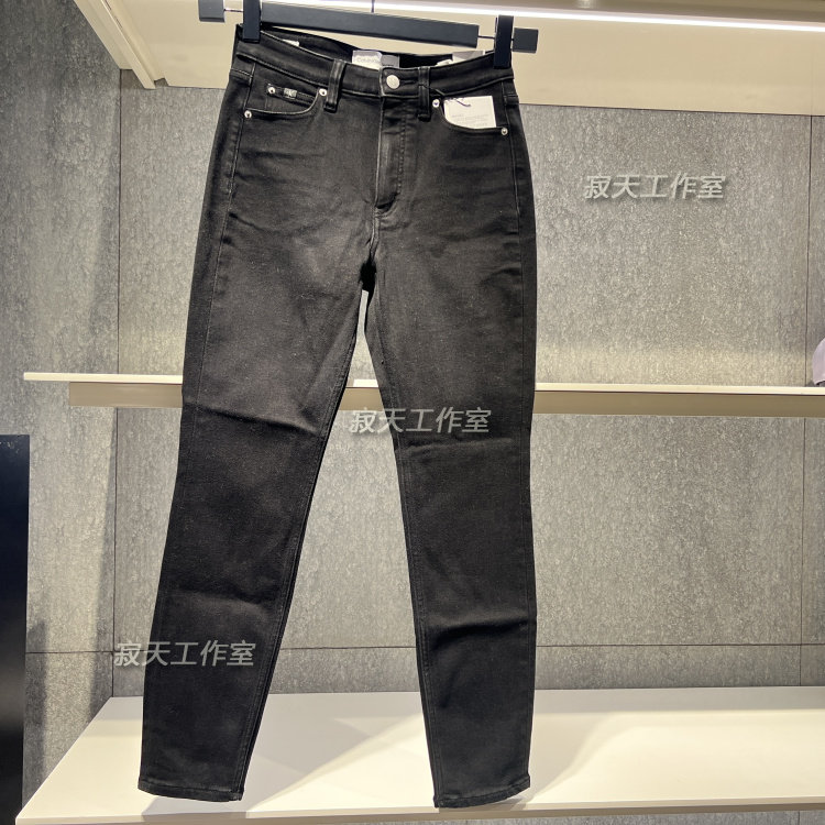 CK Jeans 23秋冬新款女士简约高腰紧身磨绒弹力黑色牛仔裤J223228