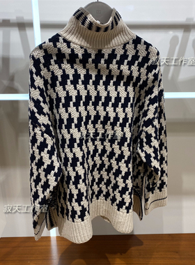 Tommy24款秋冬女装千鸟格提花高领宽松羊毛衫肌理感针织衫WW42265