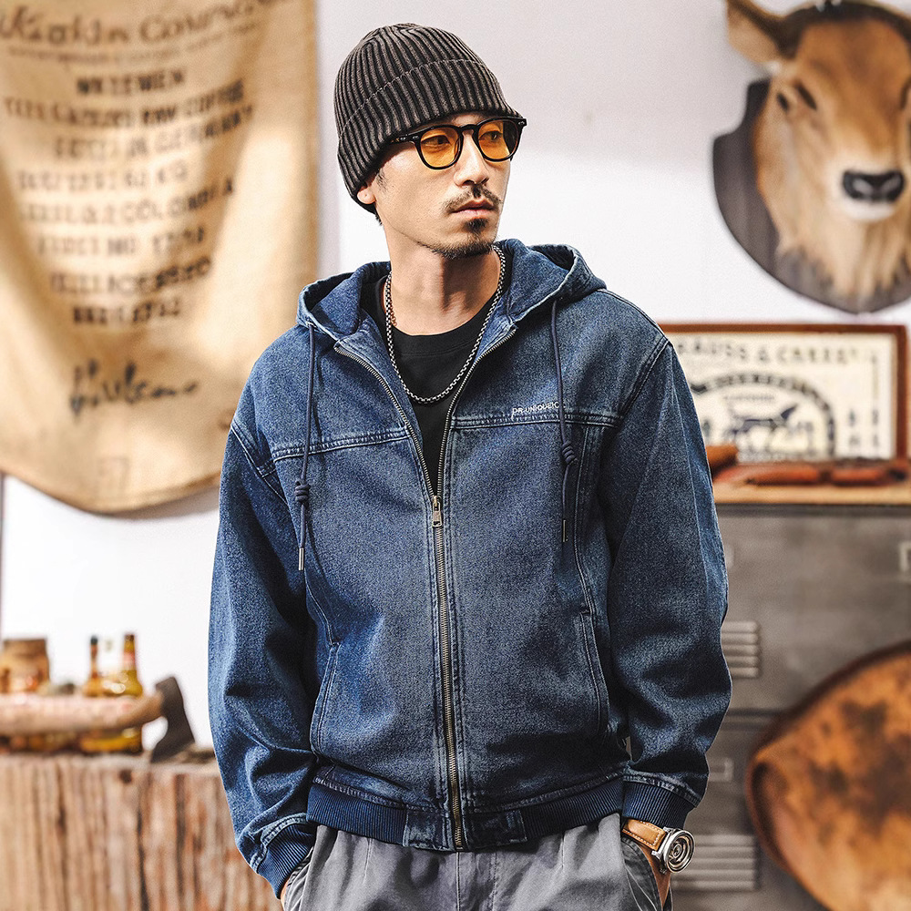 美式复古丹宁水洗加绒牛仔外套男冬季宽松潮流工装连帽夹克棉服男