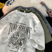 男t恤短袖 圆领潮流上衣体恤 高街大码 美式 复古扎染青少年宽松半袖