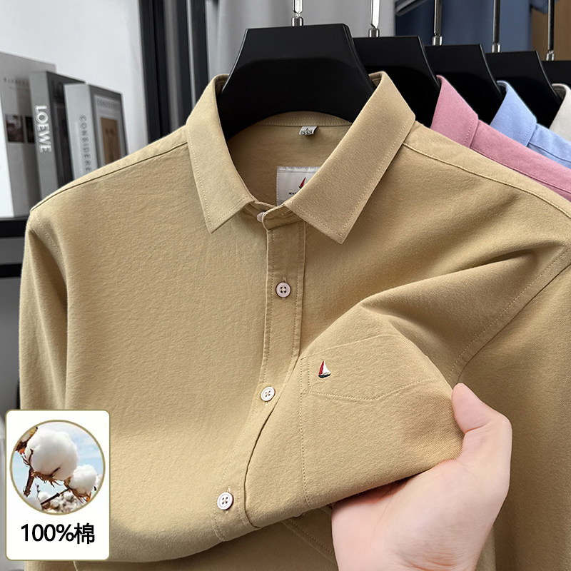2026春秋季100%纯棉翻领长袖衬衫男装透气POLO衫商务休闲百搭衬衣