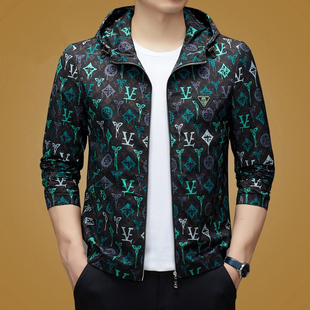 2025春秋新款欧洲站轻奢高端印花时尚连帽夹克衫男装潮流薄款外套