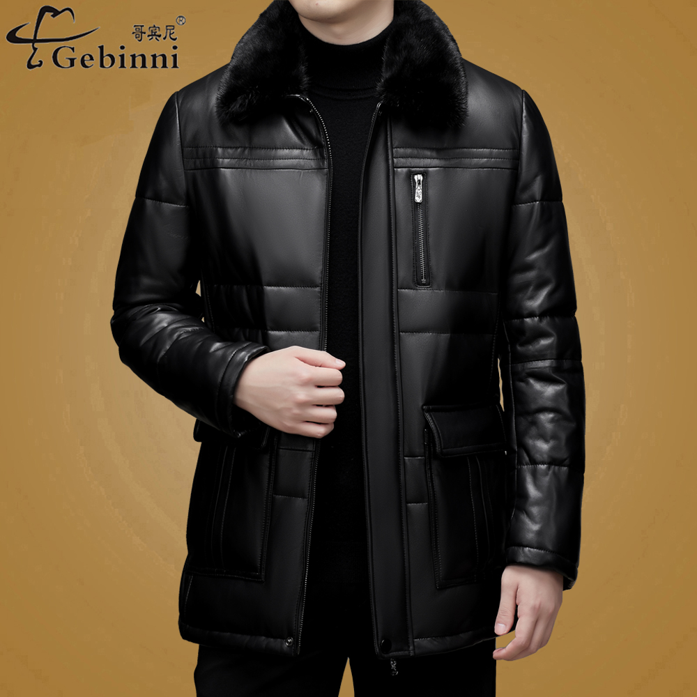 海宁真皮羽绒服中长款绵羊皮皮衣爸爸装中老年皮夹克保暖大衣外套