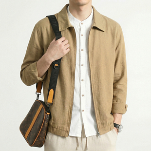 高端日系春装翻领棉麻夹克男士商务风拉链休闲透气休闲百搭外套潮