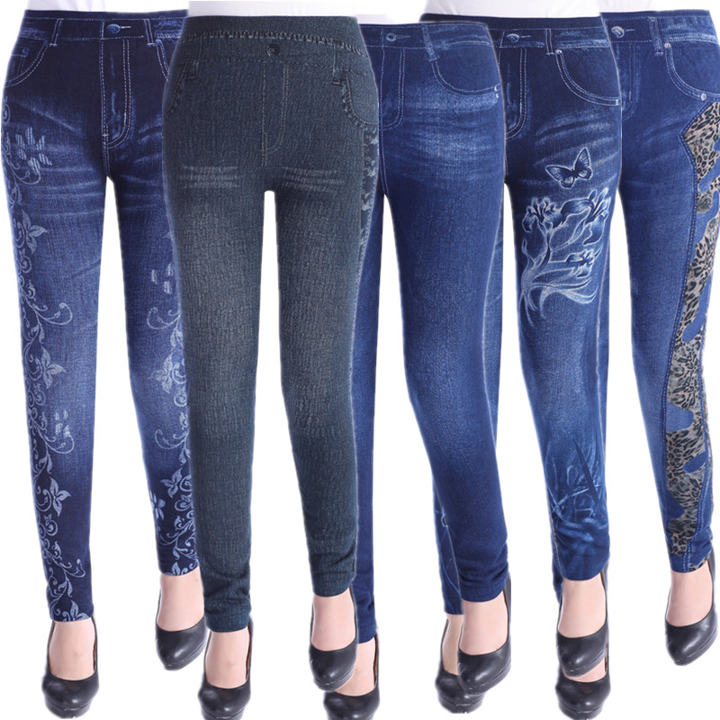 女士春秋季薄款仿牛仔印花打底裤中老年妈妈弹力紧身小脚长裤外穿