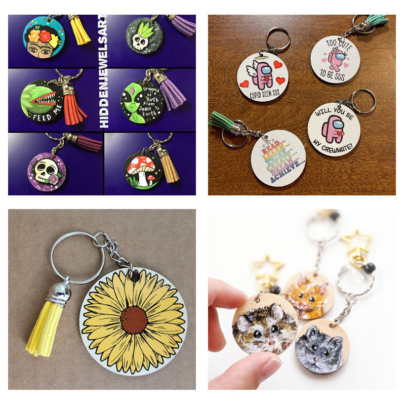 CHILDRENS HANDMADE DIY PAINTED WOOD SIGNAGE KEYCHAIN ACCESSORIES BOXED ROUND WOOD CHIP KEYRING HAND-PAINTED GOO CARD PENDANT