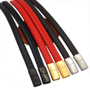 大扁扣黑皮手绳男士皮绳手链磁扣牛皮手环男黑手绳穿黄金手牌12*6