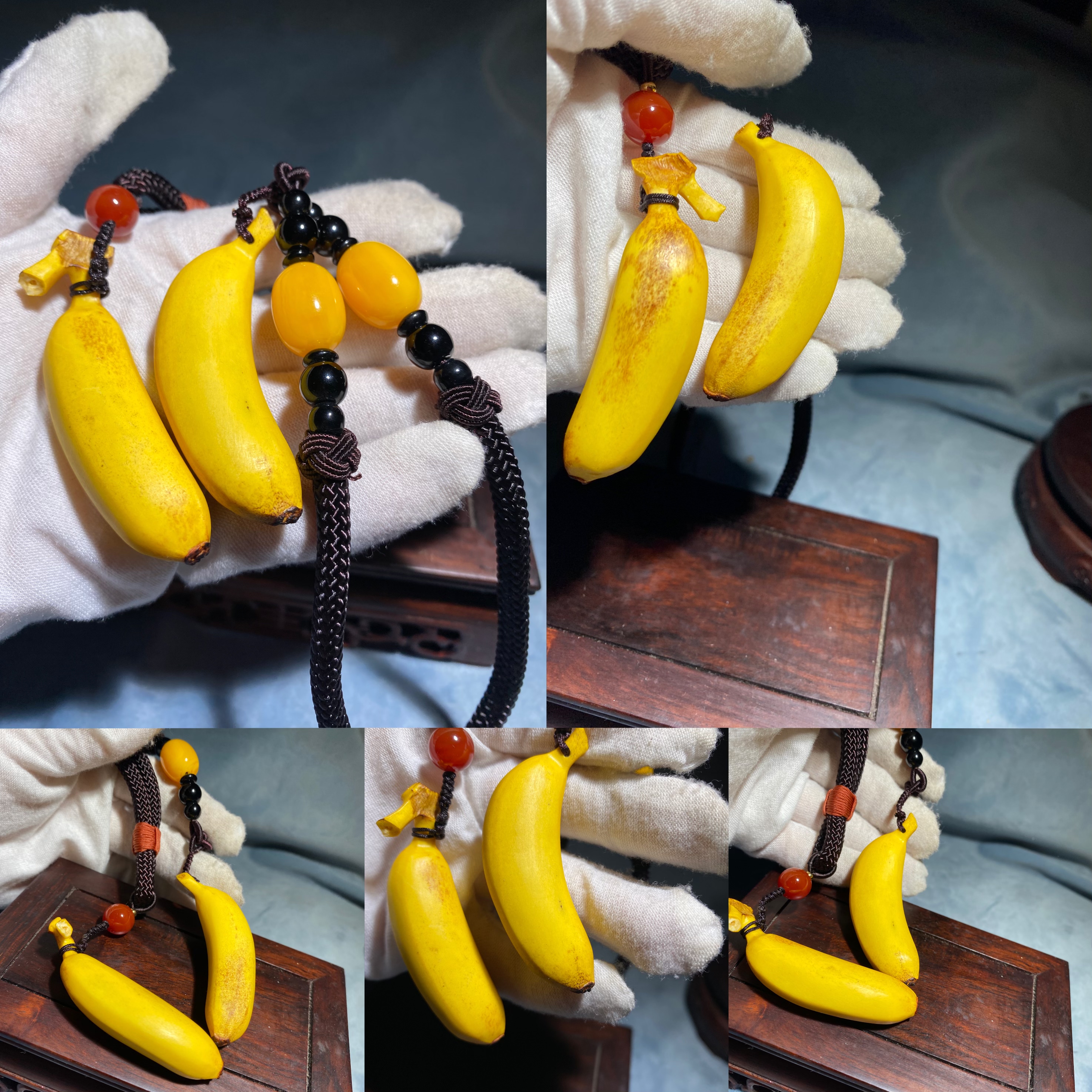 纯手工雕刻鹿角水果香蕉手把件摆件 手串留青竹刻根雕文玩工艺品