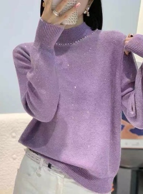 53127半高领重工钉珠亮片羊毛针织衫女2025秋冬新款宽松百搭毛衣