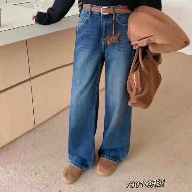 GDH过得好73015 秋冬款蝴蝶结刺绣显瘦加厚植绒牛仔筒裤女阔腿裤