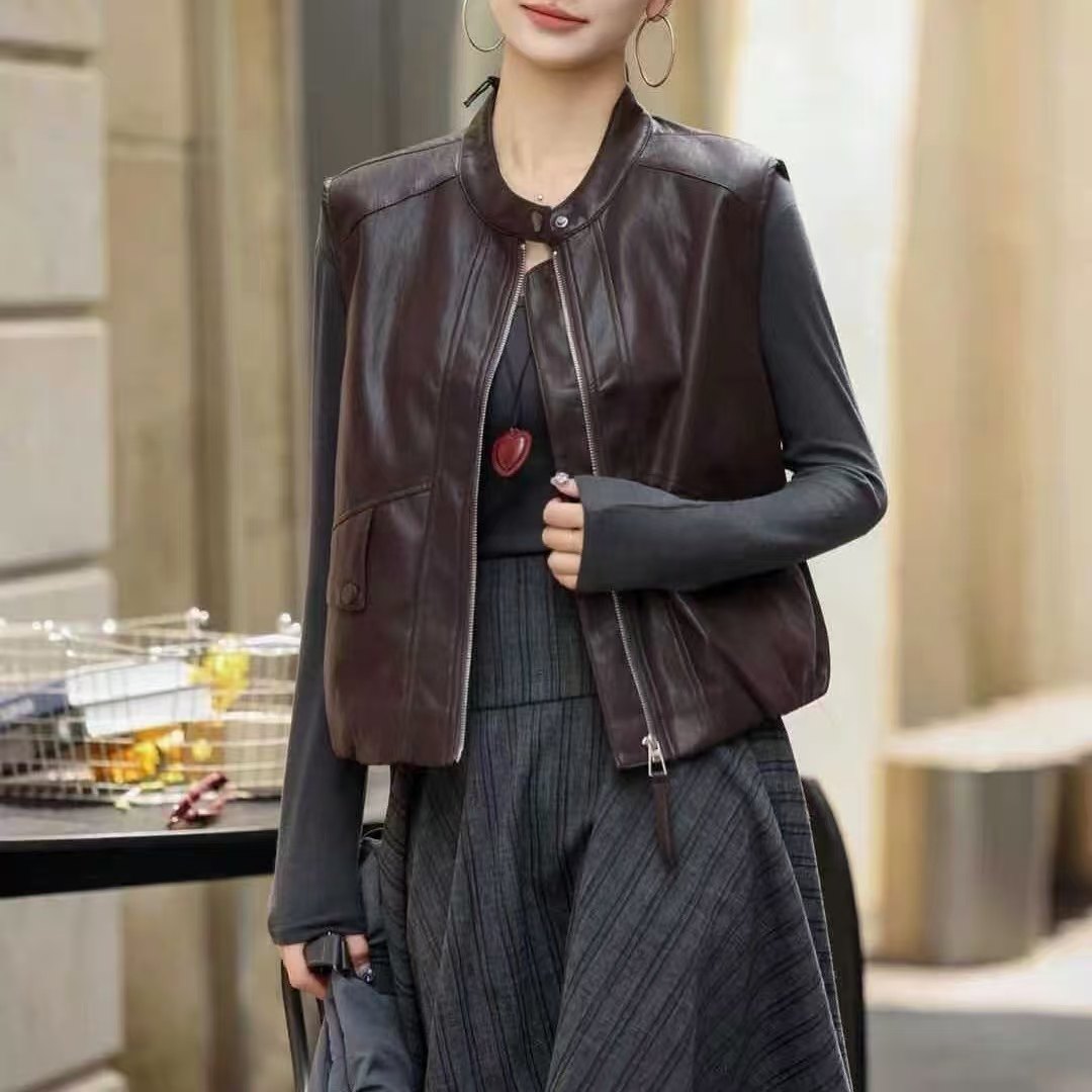 773 时尚百搭显瘦马甲女2025秋季新款立领复古港风机车皮夹克外套,女装/女士精品,马夹,淘宝优惠券,粉丝福利购,淘宝优惠卷