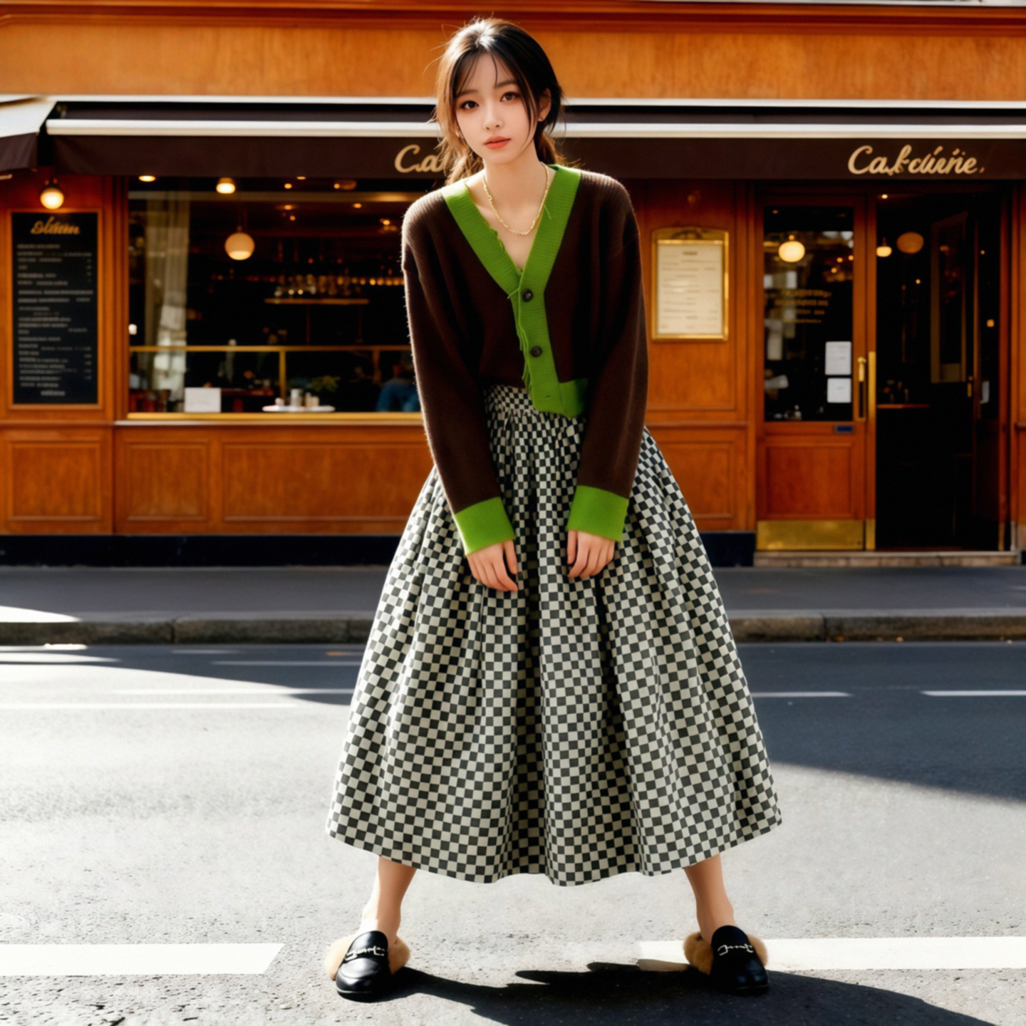 猫布制造法式格子高腰显瘦半身裙