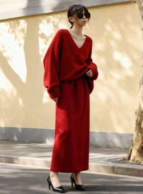 慵懒风红色毛呢半身裙女2025年冬季新款直筒高腰开叉长裙松弛风