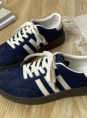 藏蓝色低帮时尚青春款复古韩版百搭系带潮流港风新款小众休闲板鞋