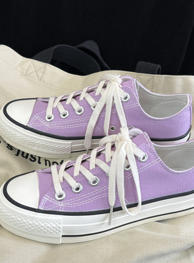浅紫色低帮厚底增高时尚青春潮流学院系带港风复古百搭休闲帆布鞋