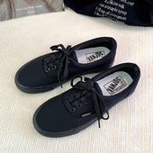 全黑色低帮男女同款 百搭学院平底透气系带帆布鞋 情侣时尚 潮流韩版