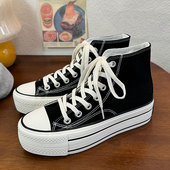 帆布鞋 黑色增厚厚底增高时尚 青春学院系带新款 百搭复古款 潮流韩版