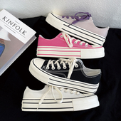 平底帆布鞋 黑色厚底低帮时尚 系带休闲款 百搭学院港风新款 潮流韩版